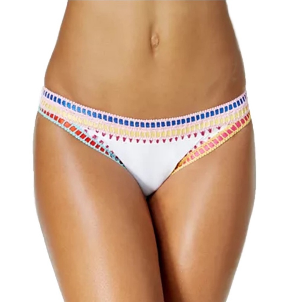 Bar III Be-Weave It Bikini Bottoms Cheeky Swim White Embroidered Size XL